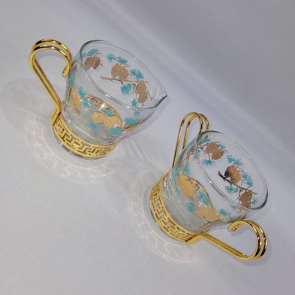 Libbey Creamer & Sugar Bowl Vintage Gold Metal Glass Turquoise Leaf Pinecone Set - Picture 1 of 3